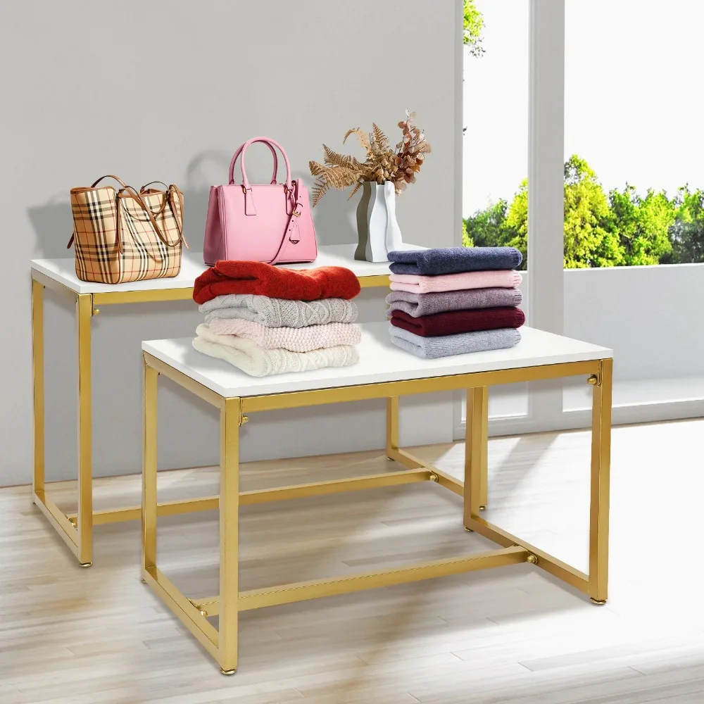 

Metal Shoe Handbag Display Stand Nesting Tables 2 Piece Set Display Riser Shelf for Retail Stores Shoes Handbags Display Rack