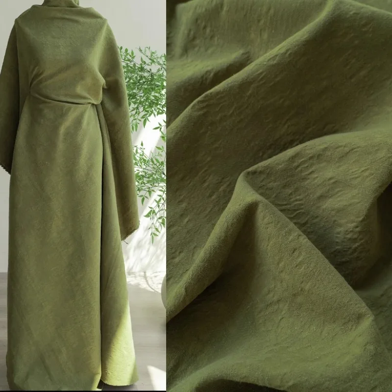 

Distressed Washed Fabric Army Green Vintage Linen Cotton Blend Textured Trench Coat Dress Clothing Material for Designer Fabric