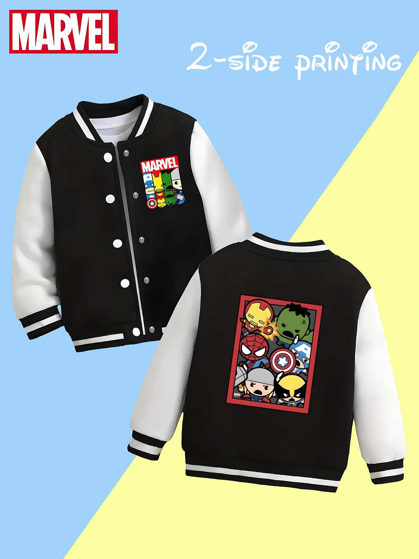 

MINISO Marvel Boys Baseball Jacket - Avengers Q version double-sided pattern design, soft and comfortable fabric, fashionable an