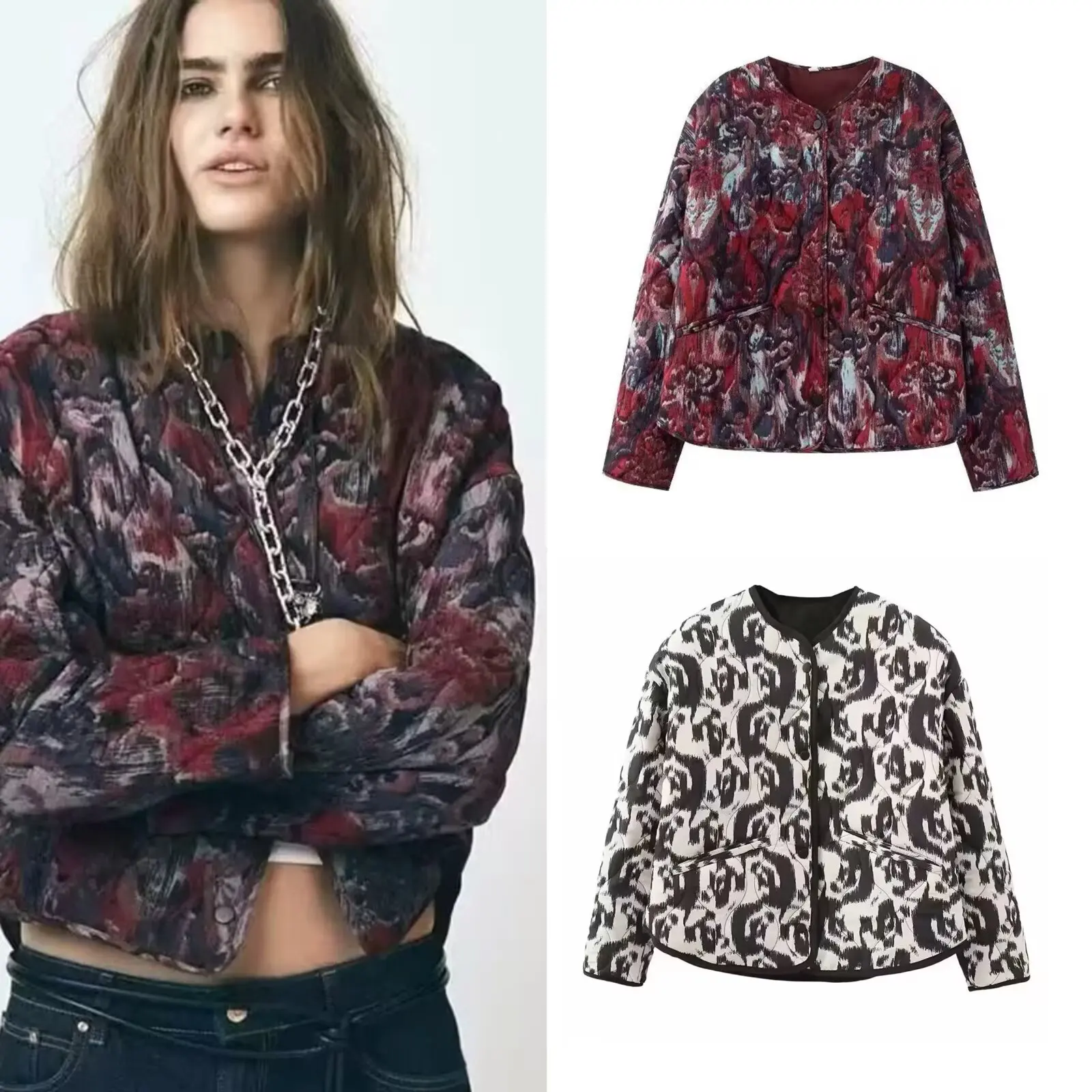 

ZBZR Autumn New Women's Faionable Casual Loose Cotton Jaet round Ne Print Outerwear Comfortable Warm Polyester Fiber