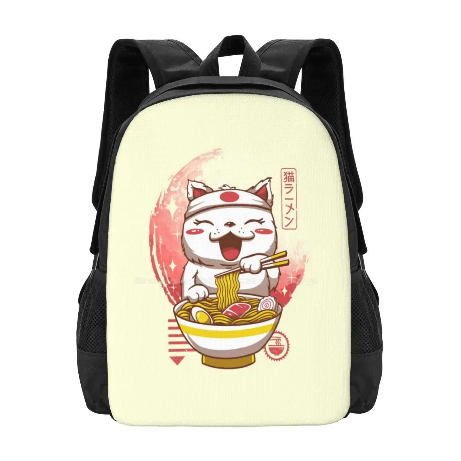 حقيبة ظهر Neko ramen للطلاب ، حقيبة مدرسية للكمبيوتر المحمول ، نودلز ، قطط ، حيوانات ، لطيف ، كيتي ، حيوان أليف ، رامين