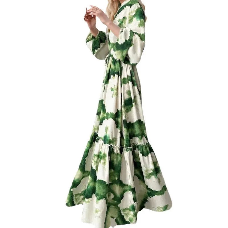 Lemongor feminino elegante verde impresso maxi vestidos mangas puff com decote em v gravata cintura em camadas bainha solta vestido longo de noite 2026 novo