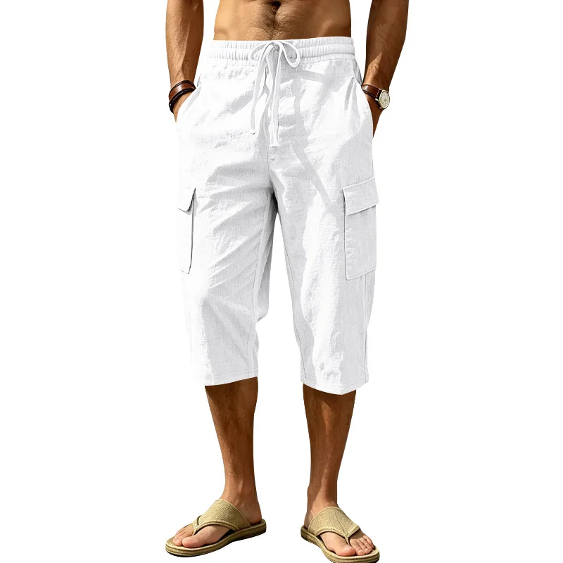 Europäische und amerikanische Sommer-Shorts aus Leinen für Herren, lässig, Outdoor, Arbeitskleidung, Pendler, Sport, Multi-Pocket, 7/8-Länge – Detail 2