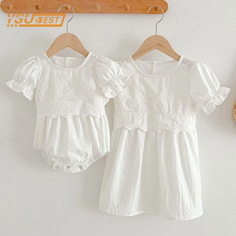 Summer Newborn Baby Girls Sweet Pure Color Jumpsuit Toddler Baby Girls Short Sleeves Kids Princess Dress Girls Sister Clothes