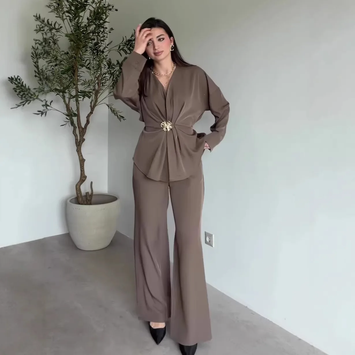 Summer Autumn Solid Color Long Sleeve Button Top Straight Leg Pants Casual Set for Women