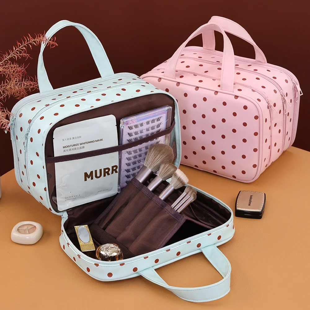 Gepunktete Kosmetiktasche mit großer Kapazität, wasserdichter PU-Reise-Toilettentaschen-Organizer, dreilagige Trennwand, Reise-Aufbewahrungstasche – Detail 2