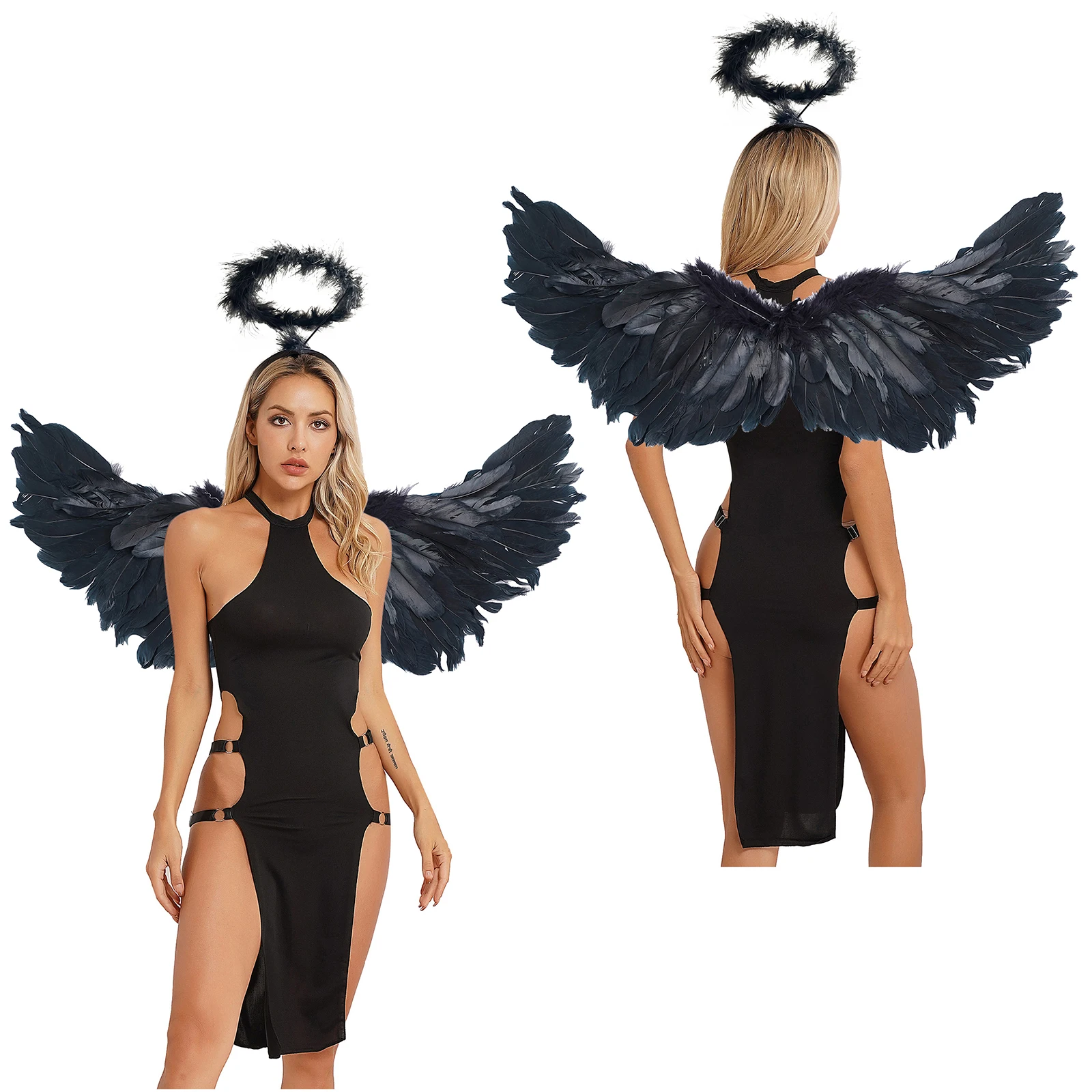 

Черное платье с изображением ангела и дьявола, женское облегающее платье с разрезом по бокам, с перьями и крыльями ангела и головным убором для ролевых игр, вечерние и клубные ночные рубашки