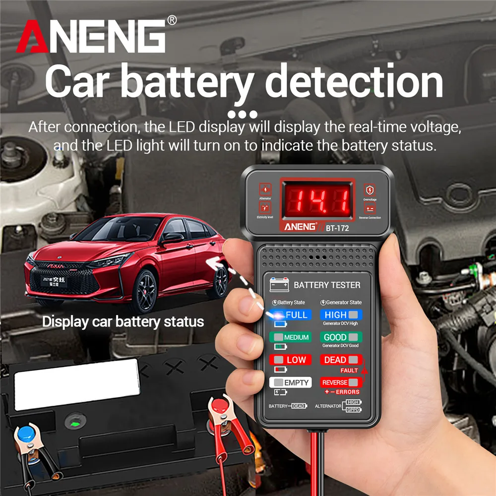 Car Battery Load Tester ANENG BT-172 Voltage Meter Gauge Digital Display Car Battery Monitor Amp Meter with Alligator Clips Tool