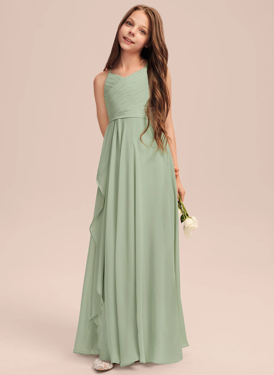 A-line V-Neck Floor-Length Chiffon Junior Bridesmaid Dress With Cascading Ruffles /Junior Bridesmaid Dresses