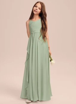 A 라인 V 넥 바닥 길이 쉬폰 주니어 들러리 원피스, 캐스케이딩 프릴, 주니어 들러리 드레스