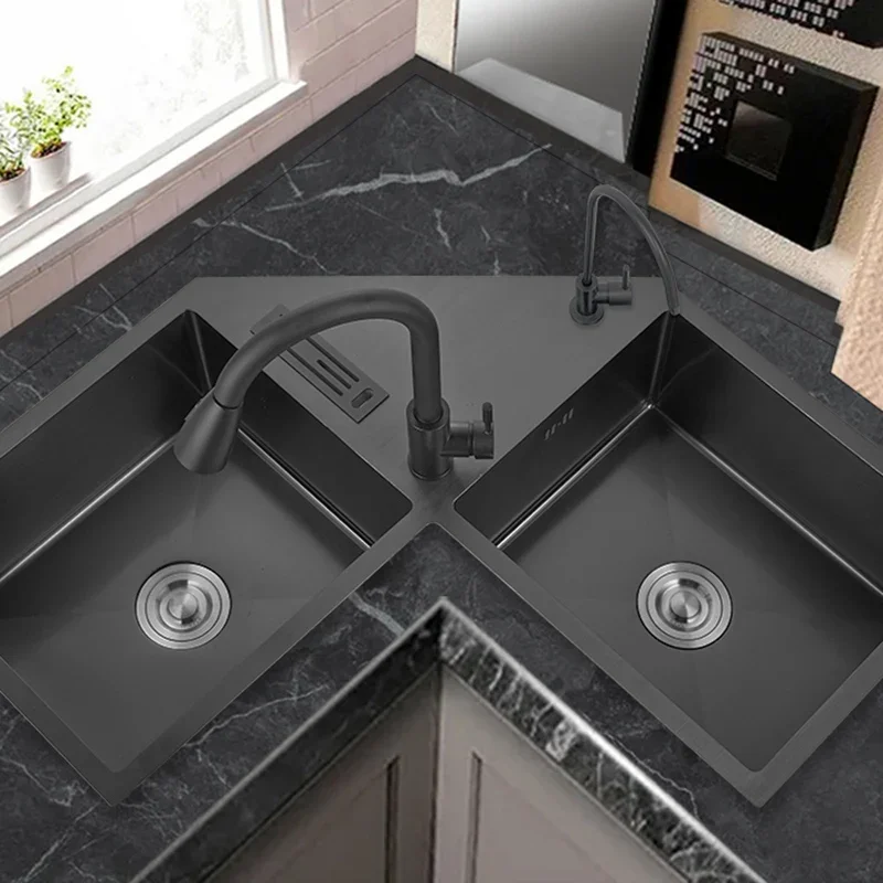 Nano kitchen corner sink 304 stainless steel corner double kitchen accessories large single sink under the table