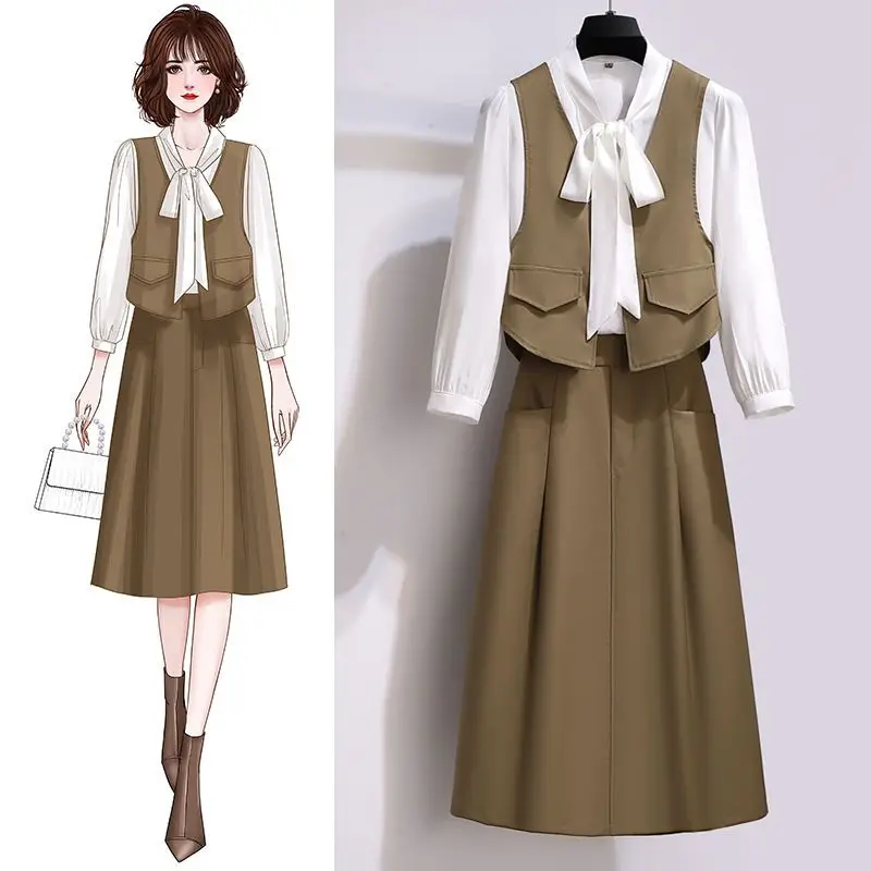 Autumn Set Women's Fashion 2023 New Professional Dress Temperament Goddess Style Wear Shirts and Skirts Three Piece Set