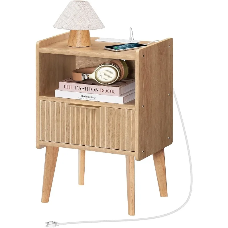 

End Table Living Room Fluted Night Stand, 15.9" Modern Side Table with Charging Station，Bedside Table with Drawer for Small Spac