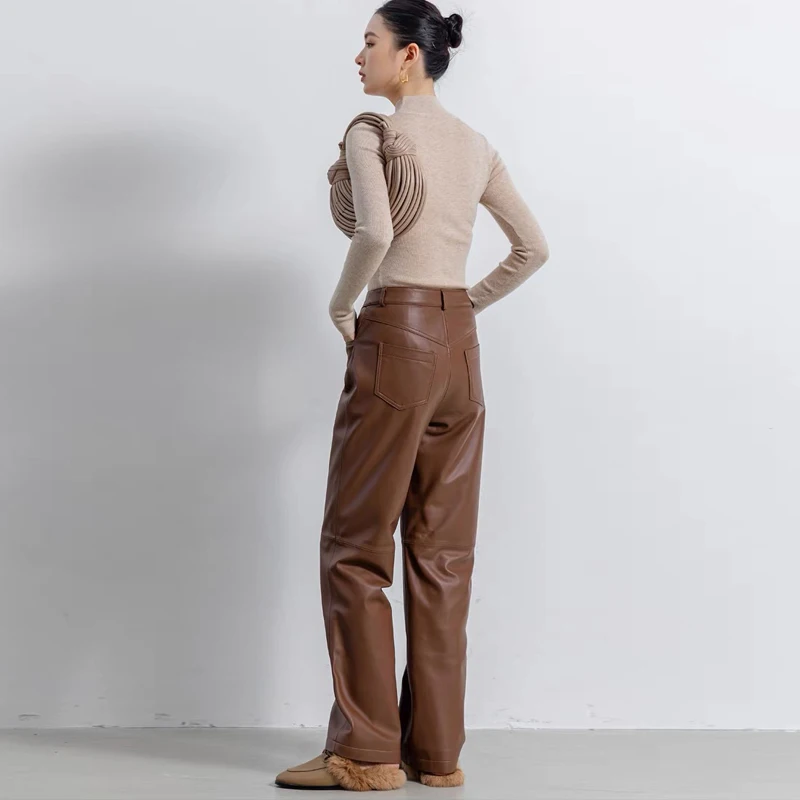 Vintage Sheepskin Wide-leg Straight Leather Pants Women Drape Casual Genuine Leather Trousers Mopping Pants Female 2024 New