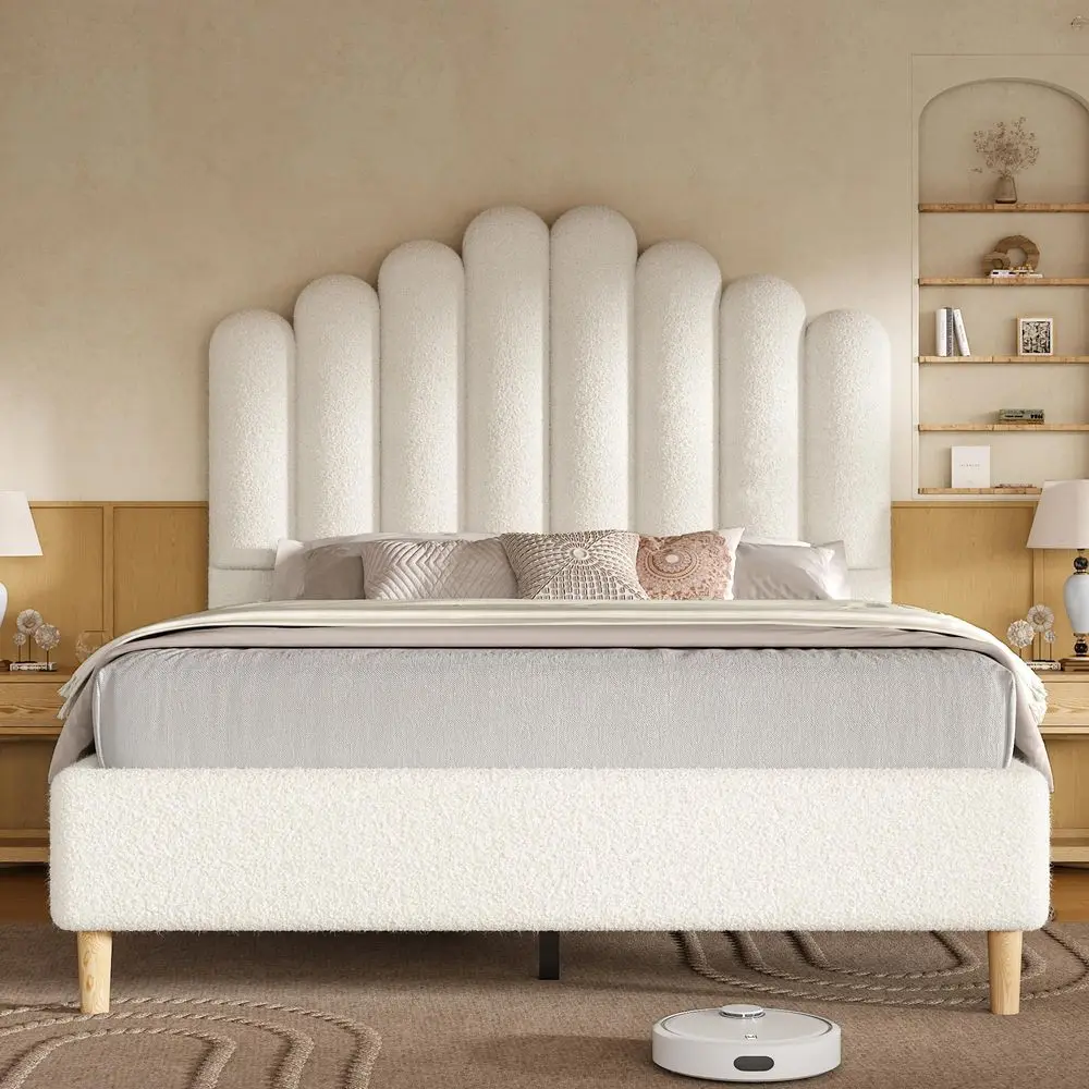 Tall Queen Size Boucle Bed Frame with Headboard
