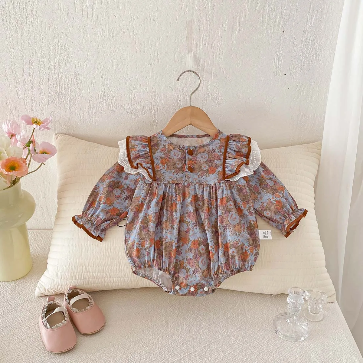 

2026 весенняя новая детская сумка с принтом, одежда Ha для девочек, детский кружевной комбинезон в западном стиле с длинными рукавами