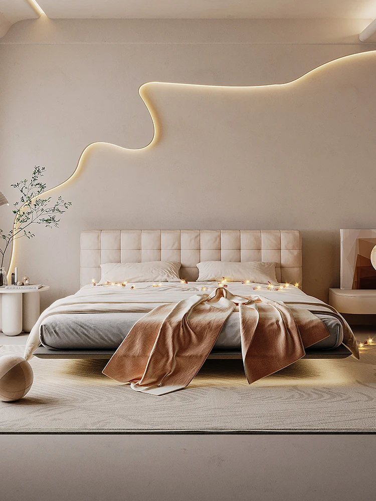 Conversation space, leather suspension bed, net celebrity, master bedroom, double light luxury minimalist square, modern