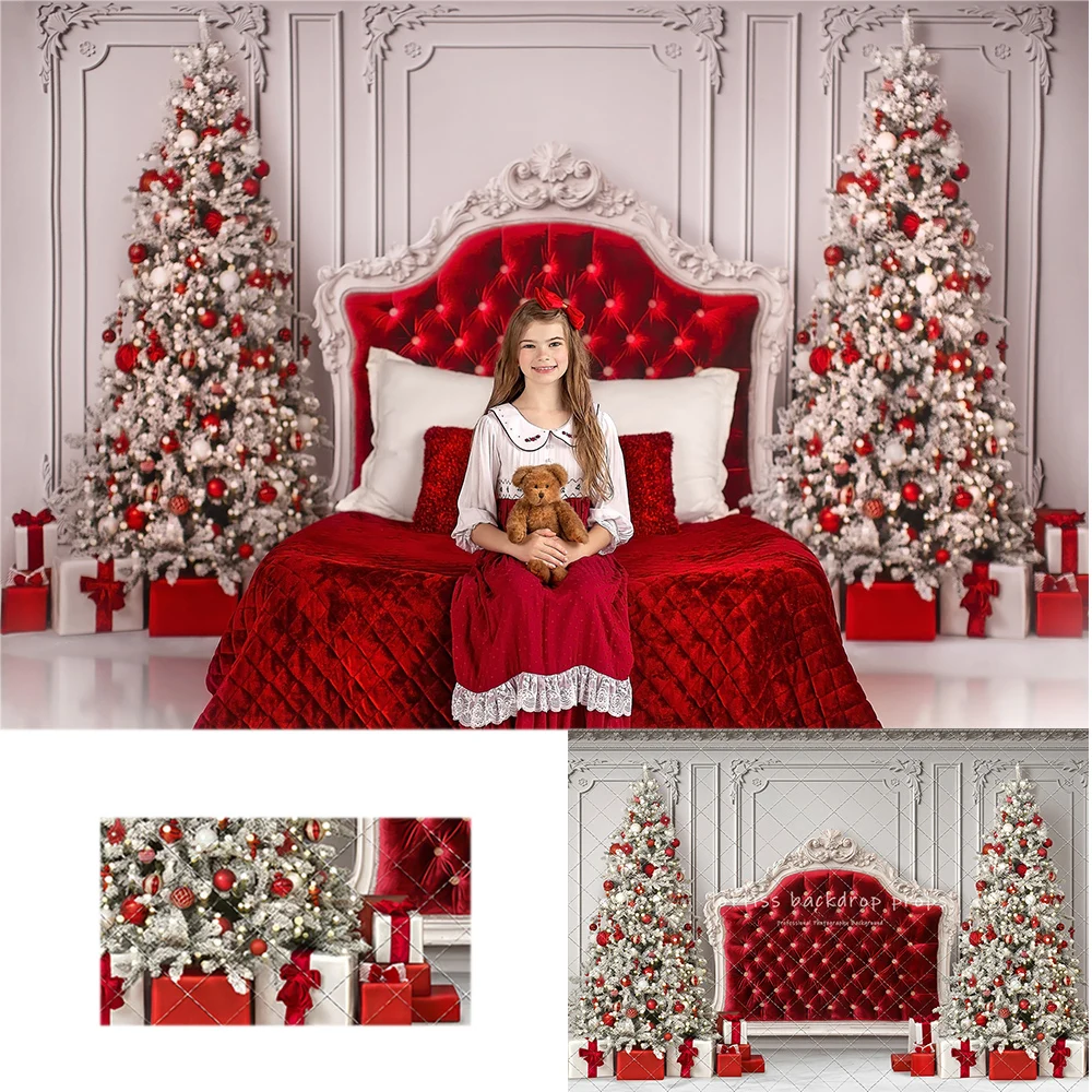 Crimson Christmas Headboard Backdrops Kids Girl Photography Child Baby Photocall Decors Xmas Trees Backgrounds