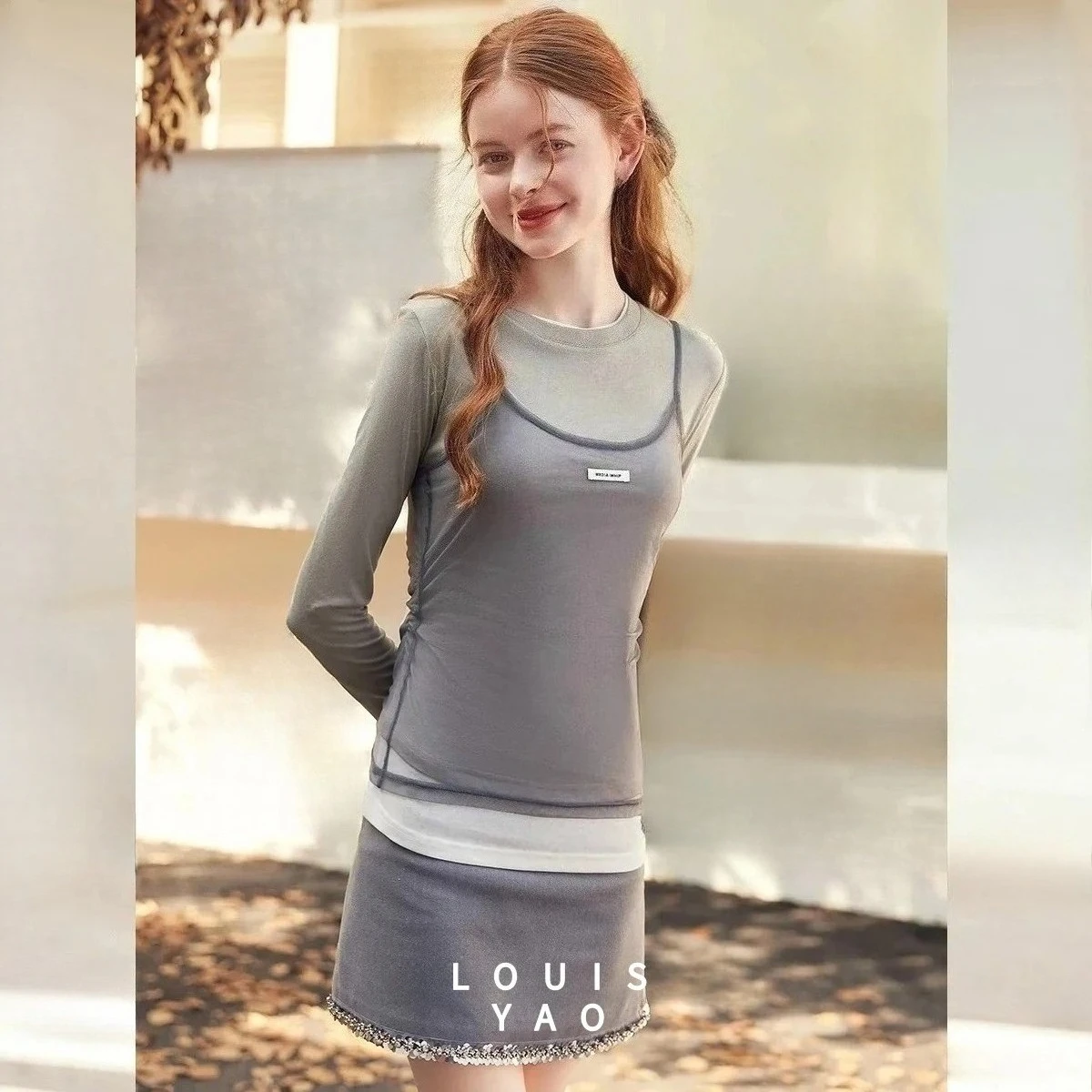 

Комплект из двух предметов LOUISYAO: футболка-пуловер и оригинальный трикотажный топ с длинным рукавом, осень 2025, женский