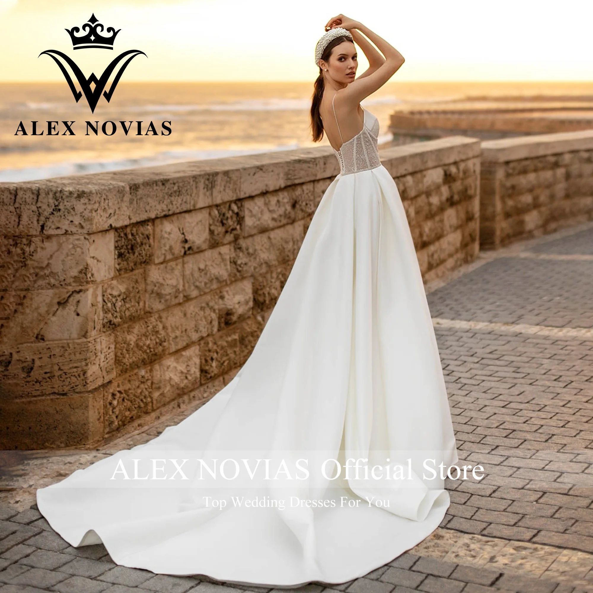 ALEX NOVIAS-vestido De novia De satén con bolsillos, traje brillante con tirantes finos, escote Corazón, 2023