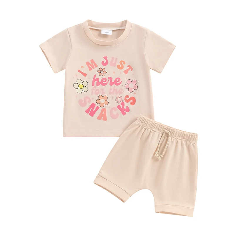 Toddler Baby Girl Summer Sand Short Sleeve T-Shirt Letter Print Elastic Pullover Solid Color Tracksuit Outfit Clothes 2PCS Set