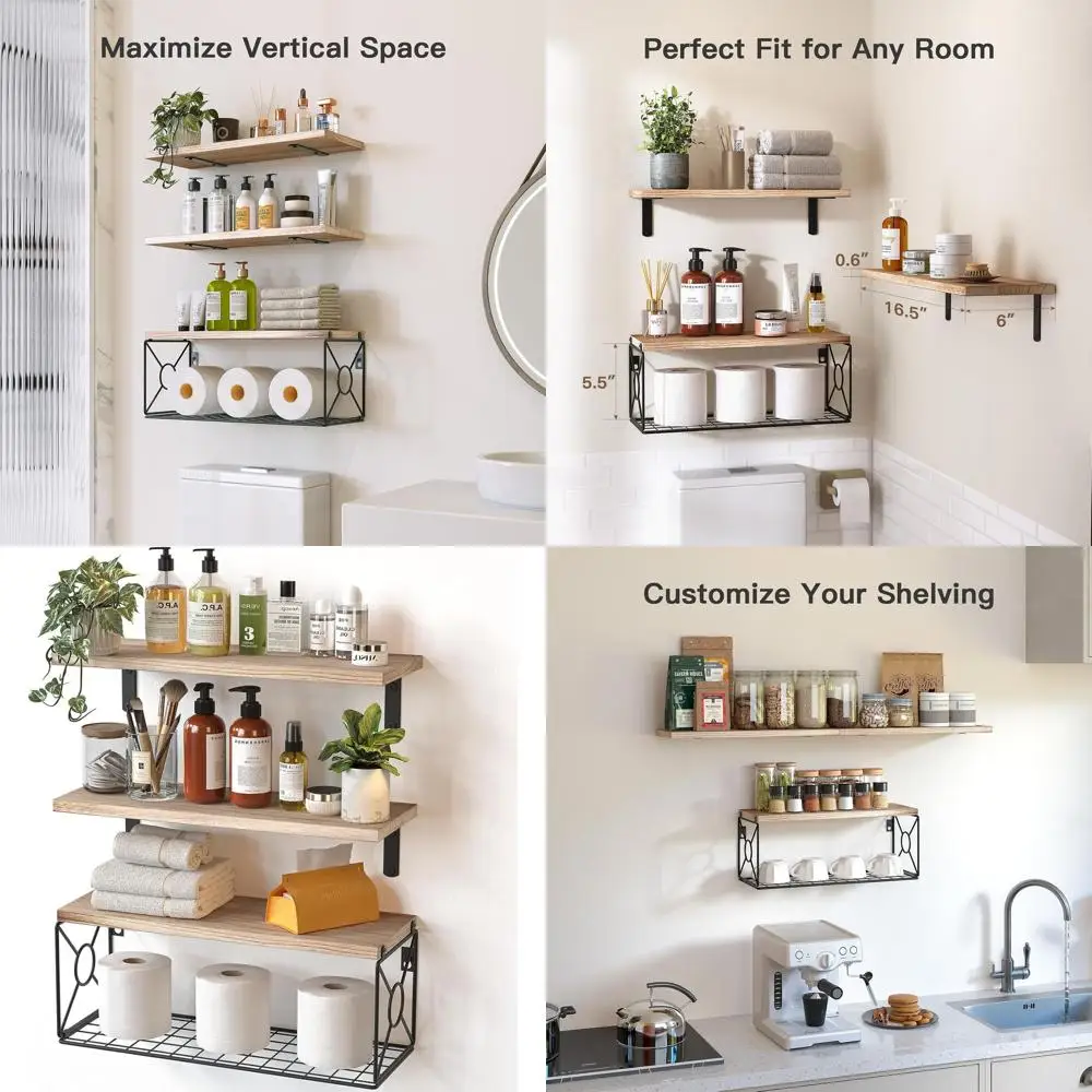 

Over-the-Toilet Storage Shelf with Basket, Wall-Mounted Floating Shelves for Home, Natural Wood for Bathroom, Kitchen, Living Ro