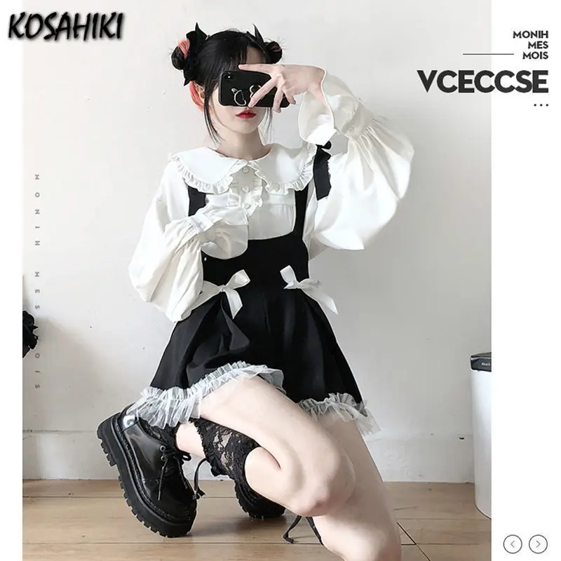 KOSAHIKI Japanese Style Gothic Lolita Sets Girly Sweet Kawaii Bow Tulle Patchwork Shorts Pants White Blouse Women Cute Outfits