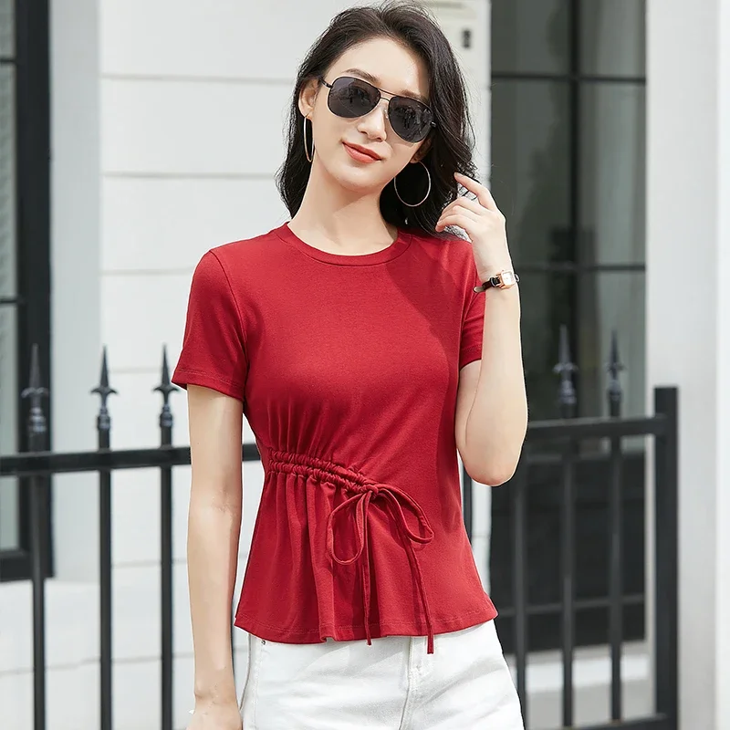 Summer New Short Sleeve T-shirt Side Drawstring Round Neck Cotton Comfortable Fashion Slim Fit Women\'s Top