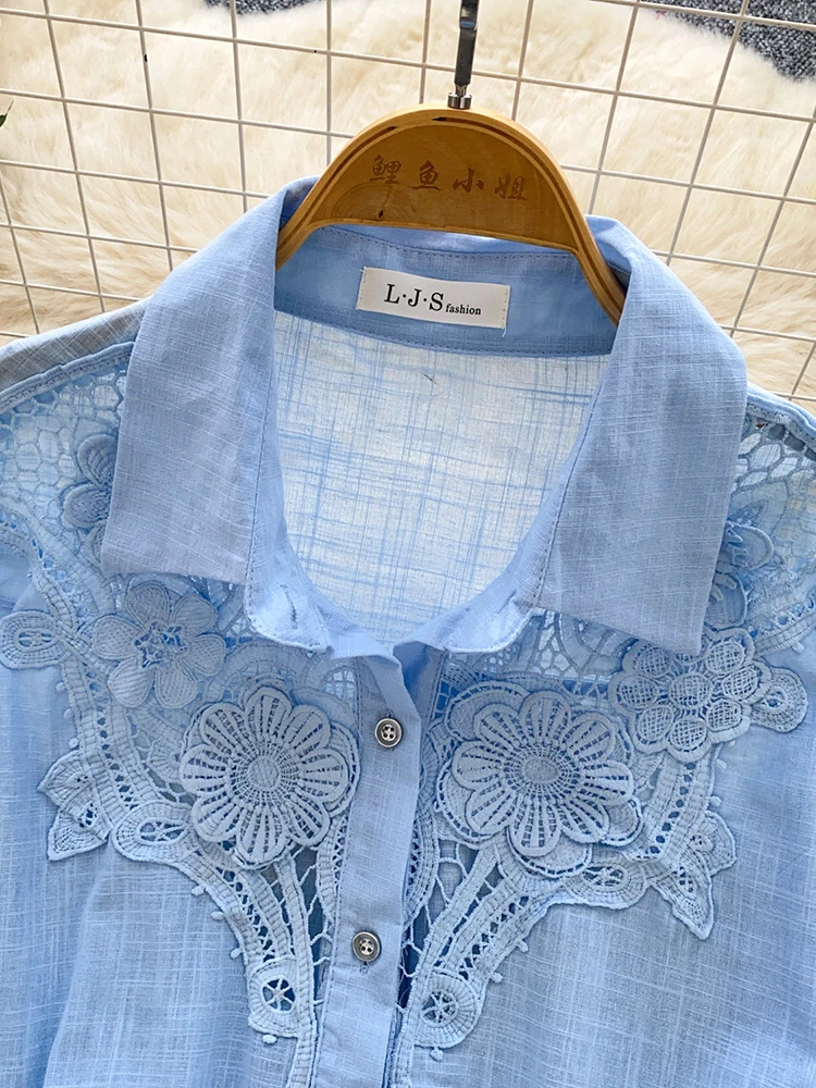 Spring Autumn New Embroidered Hollow Breathable Cotton Hemp Shirt Women\'s Long Sleeve Loose Versatile Commuter Cardigan Top D83
