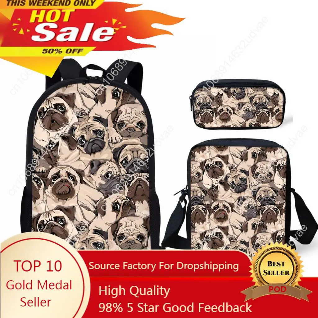 

Black Puppy Pug Dog Print Backpack Set For Teen Girls Cute Primary Student Kids Lunch Box Bookbag Children Bags Pencil Case