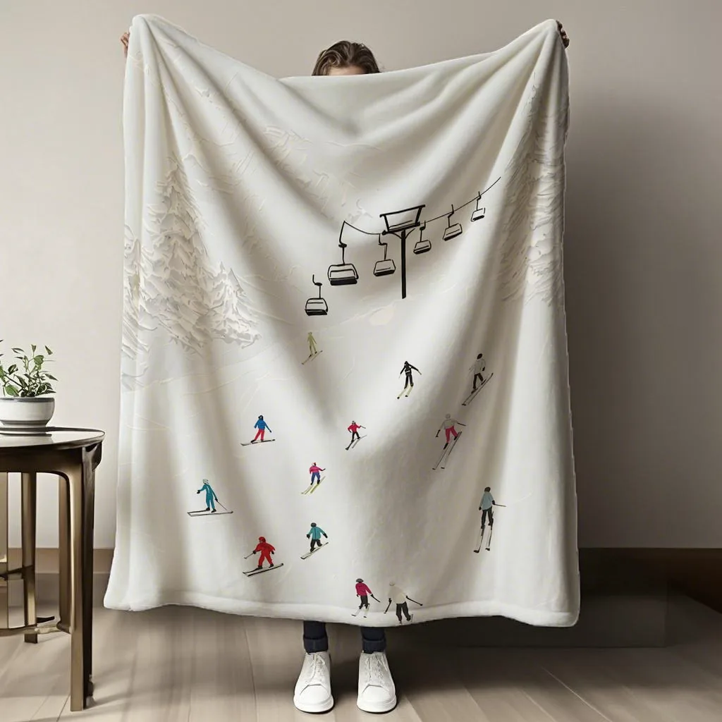 A 3D White Printed Flannel Blanket with a Skiing Theme Can Be Cleverly Paired with Different Colored Flannel Blankets at Home, C