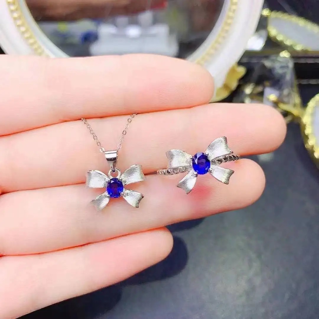 Cute Bowknot Sapphire Set 925 Sterling Silver Female Anniversary Gift Fine Jewelry 1pc ring,1pc pendant