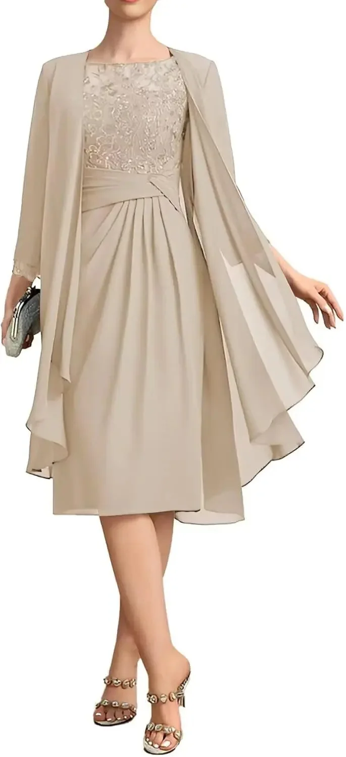 QMANSHA Maßgeschneidertes staubblaues Spitzen-Chiffon-Abendkleid in Knielänge für die Brautmutter mit geraffter Taille – Detail 23