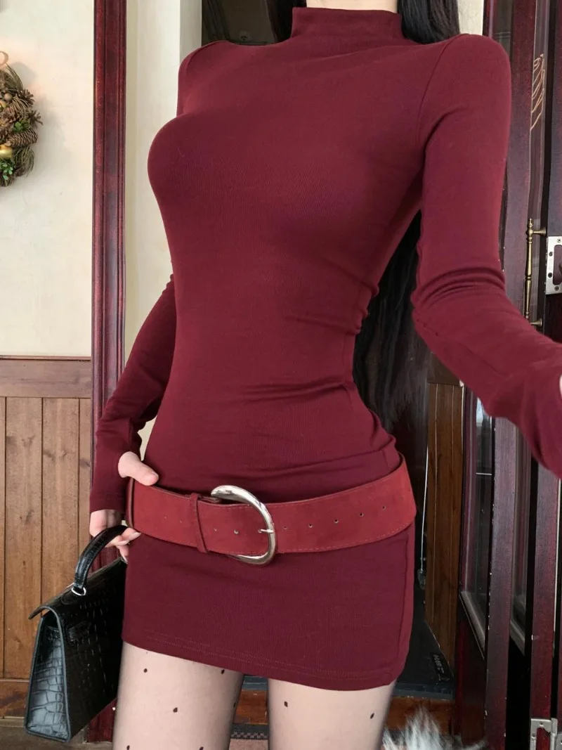 

Autumn Slim Bodycon Mini Dress with Belt Women Turtleneck Party Dresses Short Evening Club Outfit Korean Fashion Soild Vestidos