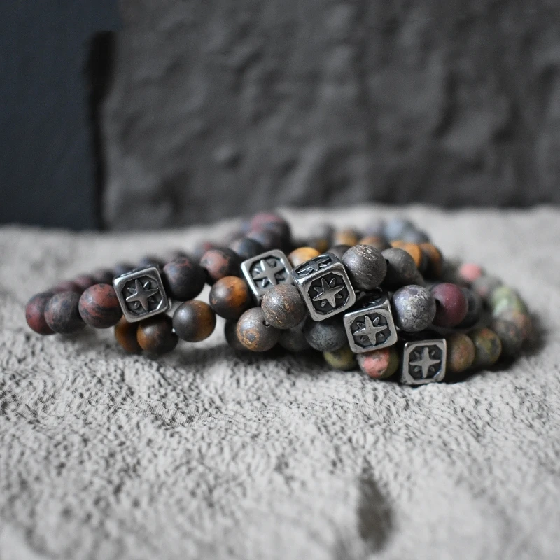 Men’s Natural Stone Cube Beaded Bracelet Stainless Steel Star Charm Minimalist Punk Adjustable Jewelry Gift for Boyfriend
