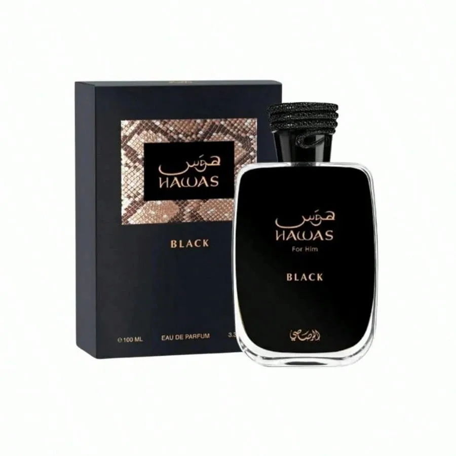 Rasasi Hawas Black EDP-spray voor mannen en vrouwen 3,4 oz, gedurfde en elegante langdurige geur met ananas en amber, voor dag en nacht.