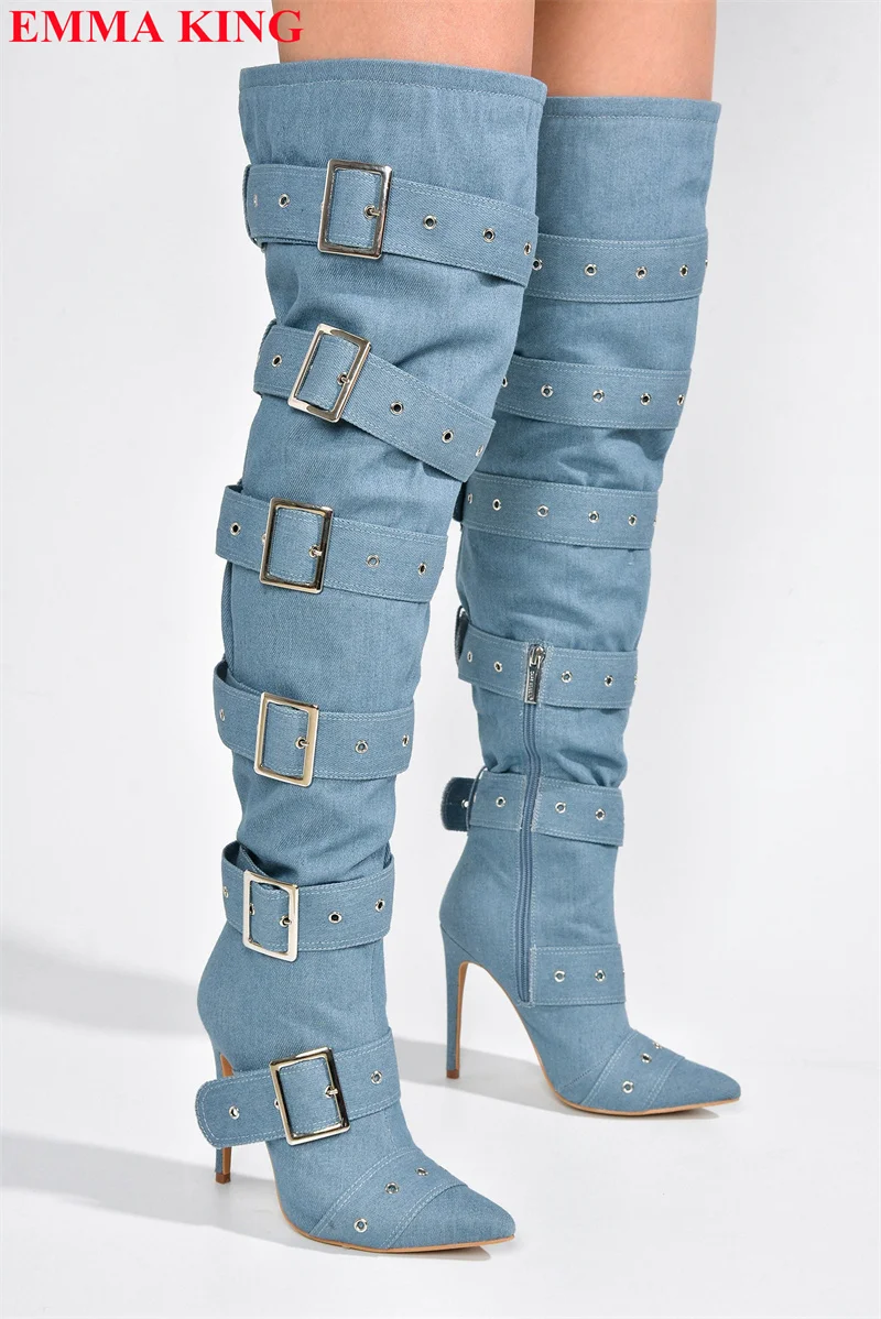 موضة أحذية نسائية بكعب عالي فوق الركبة موضة 2023 أحذية بوت عالية بحزام مشبك للخريف والشتاء أحذية طويلة للسيدات
