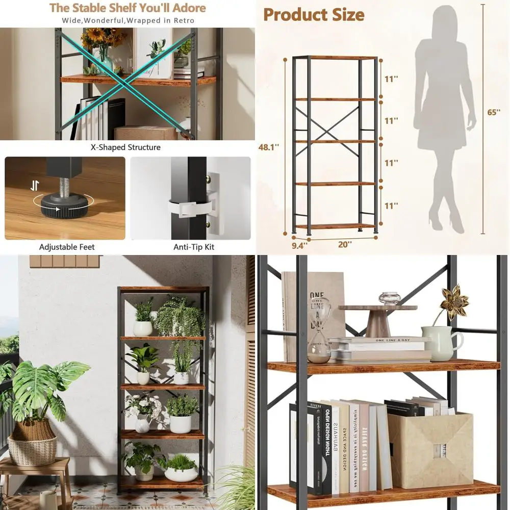 

5 Tier Book Shelf, Tall Wide Bookshelf, Industrial Open Bookcase, Display Shelves Storage Organizer, Shelving Unit for Living Ro