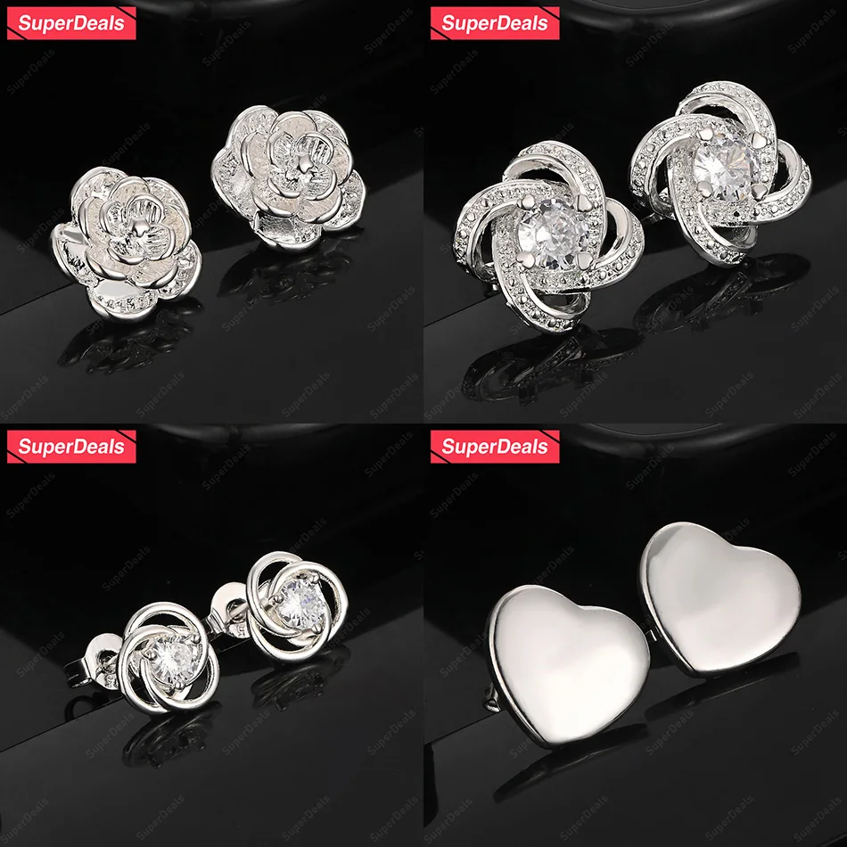 

SuperDeals 925 Sterling Silver Rose Flower Heart Shape Stud Earring Fashion Jewelry Women Charm Engagement Wedding Party