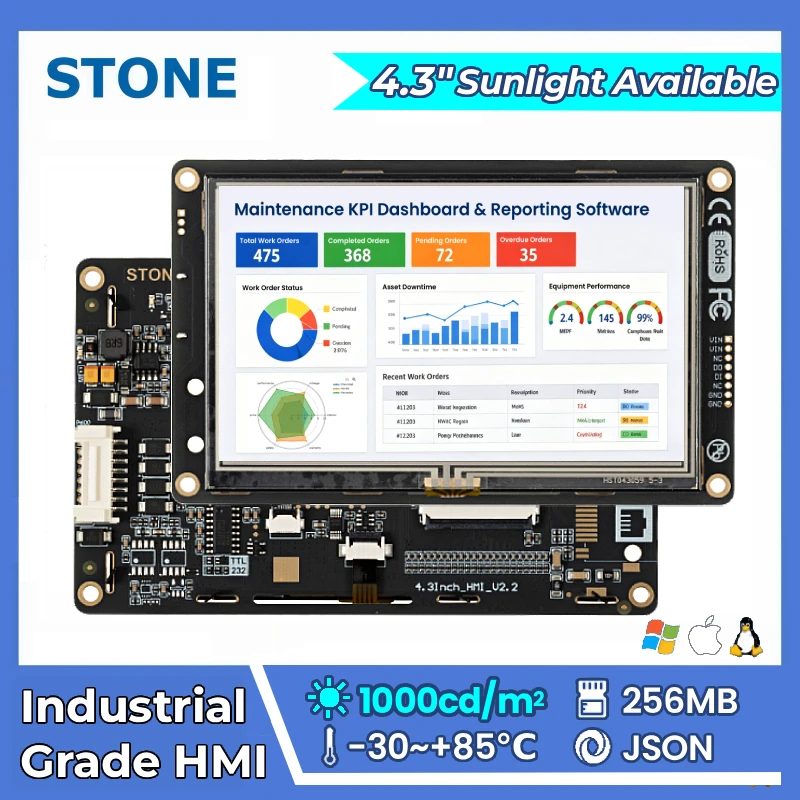 STONE A 4.3 Inch Industrial Grade HMI TFT LCD Display Panel Capacitive Touch Screen Cortex A8 1GHz CPU 480*272 for esp32 Arduino