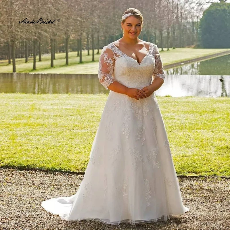 Abito da sposa a mezza manica taglie forti per donna Scollo a V in pizzo A Line Abiti da sposa con applique Robe De Mariée