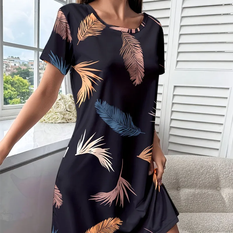 

Женская ночная рубашка с принтом, ночная рубашка с короткими рукавами для девочек, студенческое длинное платье, ночная рубашка, женская сексуальная одежда для сна на бретельках