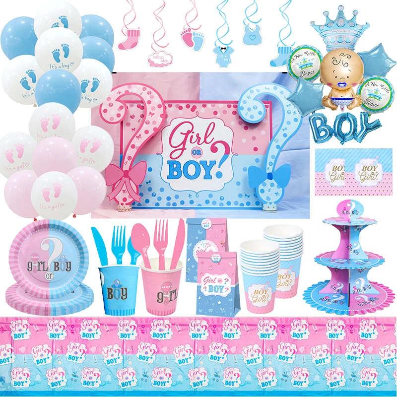 Gender Reveal Baby Party Decorations Disposable Tableware Boy or Girl Baby Shower Plates Cups Straw Latex Balloons Bag Backdrop