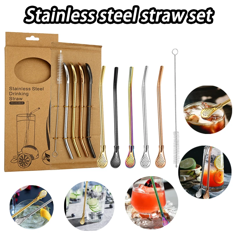 304 Stainless Steel Straw Spoon Set For Beverage Stirring And Filtering 18cm