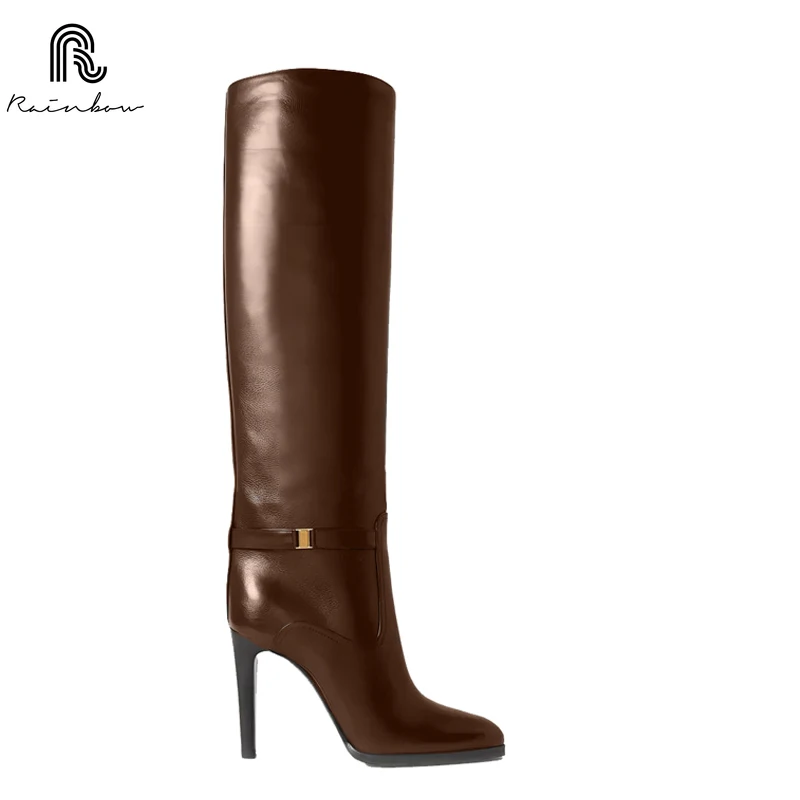 

RAINBOW 33-46 Autumn Winter Cowhide Knee-High Long High Boots Stiletto Heels Slip-On Slim Retro Sexy Women Luxury Lady suede