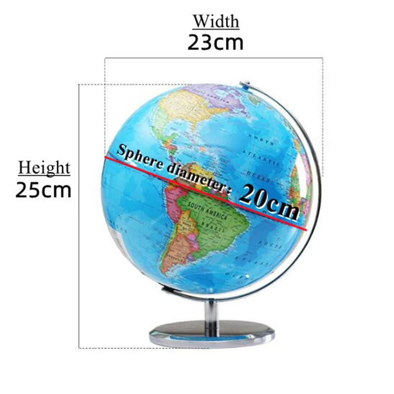 Esfera de Metal con luces LED impresas en HD, globo del mundo inglés completo, 20cm de diámetro, para enseñanza de escritorio, ABS, rotación de 360