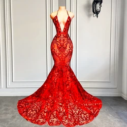 Long Sexy Prom Dress 2026 Halter Mermaid Style Backless Sparkly Red Sequin Black Girls Prom Gala Gowns