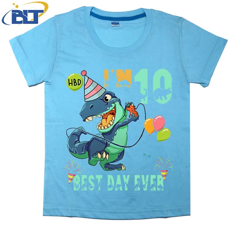 Camiseta de manga curta para meninos e meninas, camiseta de dinossauro engraçado estampada, blusa casual infantil, algodão, 10 ° aniversário, verão