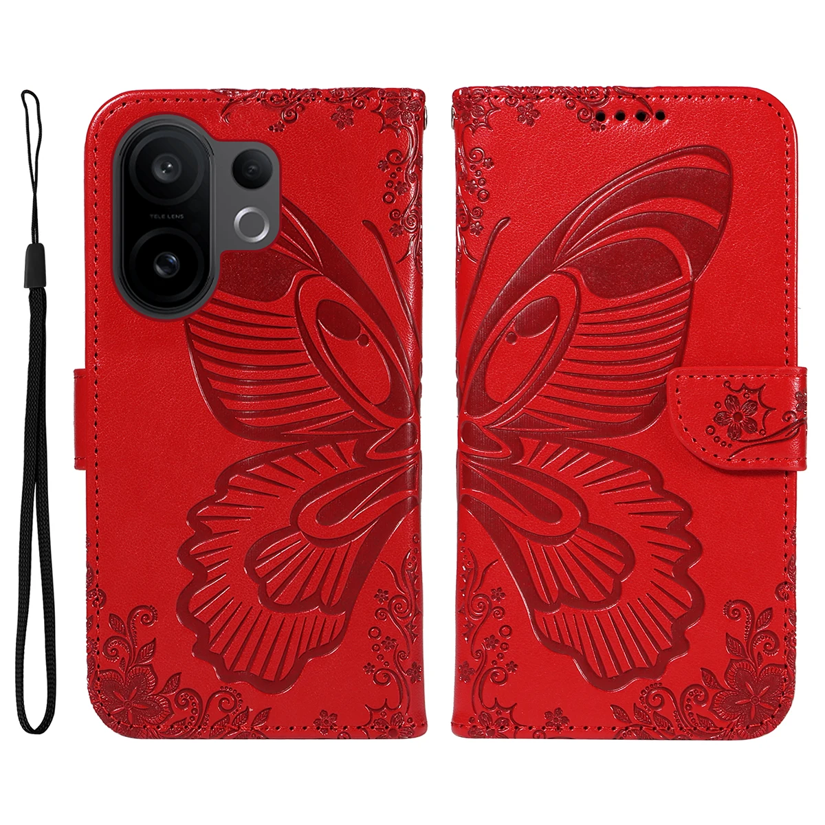 

For vivo X200 FE 5G / vivo S30 Pro mini 5G Case Butterfly Pattern PU Leather Folio Flip Phone Cover - Red