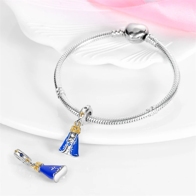 925 Sterling Silver Virgin Mary Deep Blue Golden Goddess Beautiful Blessing Charms Beads 3mm DIY Fine Jewelry Making
